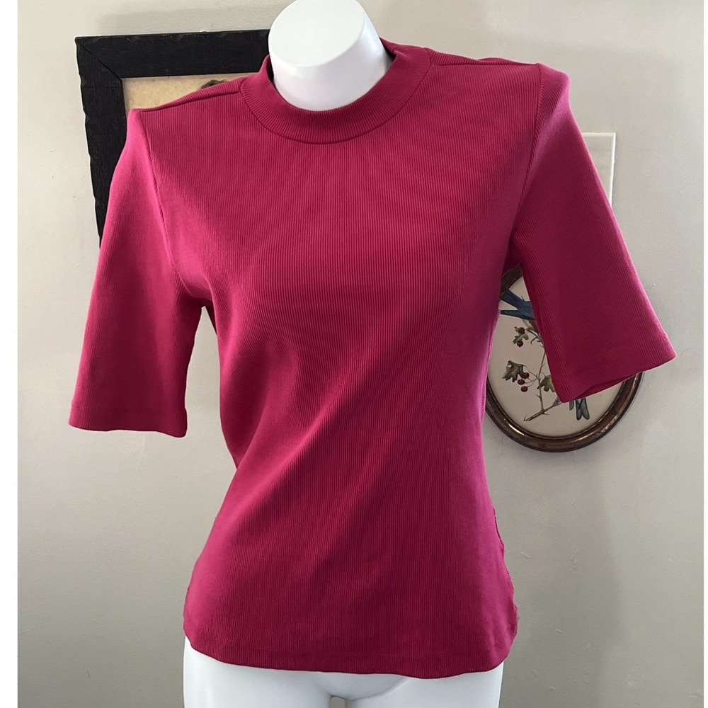 Maeve Anthropologie Magenta Pink Ribbed Mock Neck Padded Shoulder Top Medium